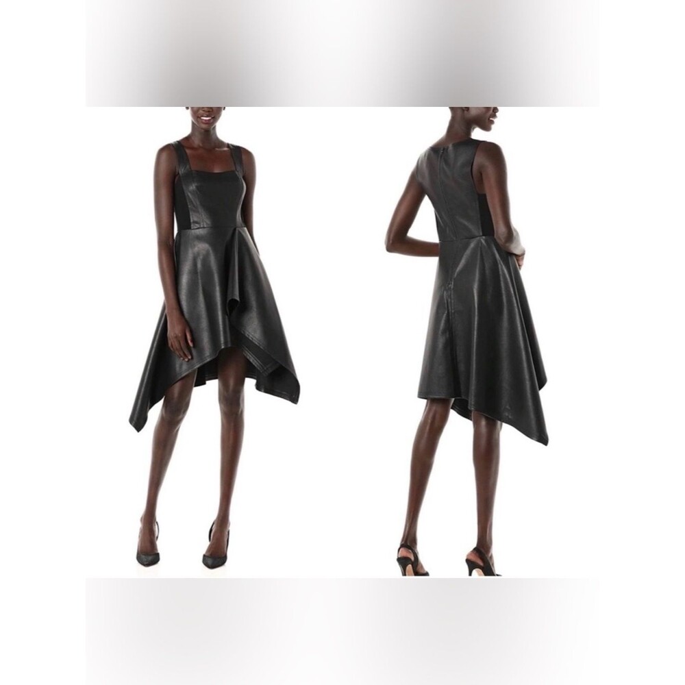 BCBGMaxazria Black Asymmetrical Sleeveless Faux Leather Midi Dress Size XS